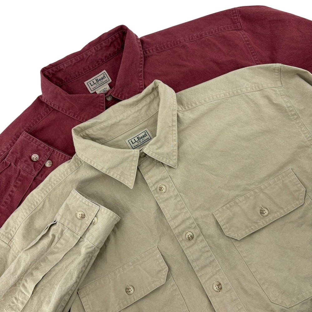 LL Bean Mens Large Tall Cotton Button Down Shirt Lot 2 Burgundy Khaki Workwear